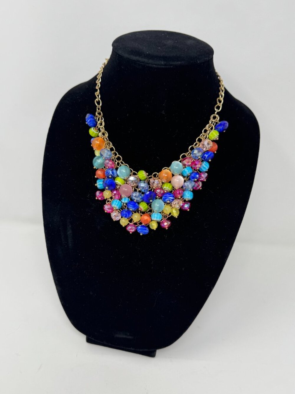 Colorful Bead Cluster Bib Necklace Gold Tone Rainbow Statement Jewelry